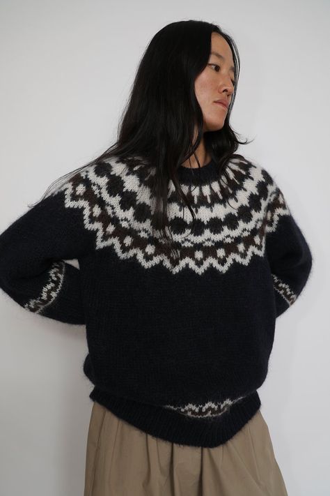 Batoner Mohair Nordic Crewneck in Navy Trendy Things, Novelty Sweater, Nordic Sweater, Patterned Sweater, Beginner Crochet Tutorial, Lauren Manoogian, Fair Isle Pattern, Fair Isle Sweater, Pattern Sweater