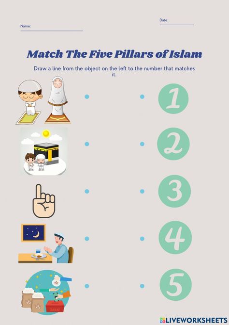 Matching online worksheet for Kindergarten to primary. You can do the exercises online or download the worksheet as pdf. Islamic Worksheet For Kindergarten, Five Pillars Of Islam For Kids, 5 Pillars Of Islam For Kids, Rukun Islam Worksheet, Pillars Of Islam Worksheet, Islamic Kids Activities Worksheets, Islamic Worksheets For Kids, Islamic Worksheet, Five Pillars Of Islam