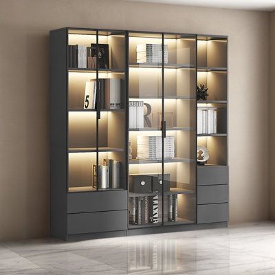 Bookcase Wood, Wood Bookshelf, Bookcase With Glass Doors, Grey Drawers, Salon Suites Decor, Door Display, Salon Suites, Wood Bookshelves, Cube Bookcase