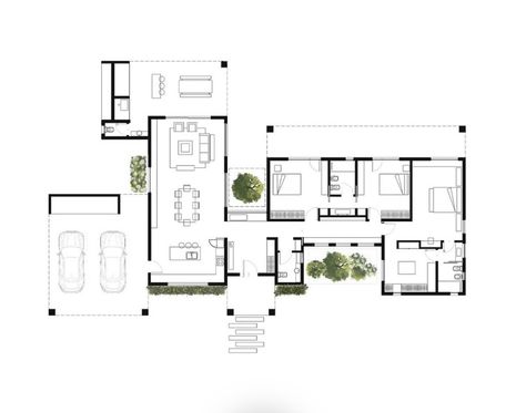 Villa Tropical Modern, 40 Sqm House Plan, Home Plan Drawing, Atrium House, Bedroom Plan, Courtyard House Plans, Building House Plans Designs, Modern Barn House, Architectural Floor Plans