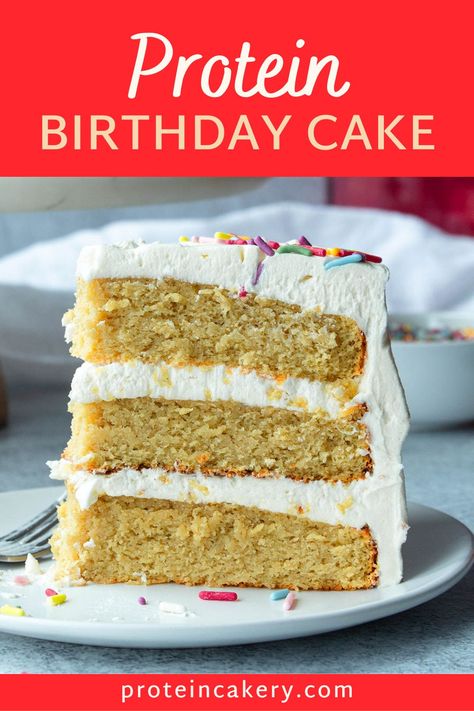 Looking for a delicious high-protein, low-sugar birthday cake? This Protein Birthday Cake is it! And it's all natural and gluten free. 🥳 Low Sugar High Protein Desserts, Low Sugar Birthday Cake, Cake Batter Protein Recipes, Protein Birthday Cake Recipes, Birthday Cake Protein Recipes, Birthday Cake Protein Ice Cream, Birthday Cake Protein Powder Recipes, High Protein Cake, Vanilla Protein Cake