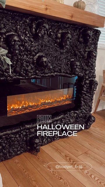 Bri | Budget DIY’s on Instagram: "Thanks to the queen of Halloween @ashtonsedita for the idea! I am so obsessed with how this turned out ☠️☠️ So dang easy and inexpensive…. But I think I want to paint the real fireplace black now 🤪 #halloweenfireplace #halloween #halloweendecor #diy #diyhalloween #seasonaldecor #craftymom #crafty #diyreels #easydiy #seasonalhomedecor #falldecor #falldecor" Real Fireplace, Haunted Halloween Party, Fireplace Black, Queen Of Halloween, Halloween Fireplace, Scary Halloween Decorations Diy, Halloween Fest, Halloween Props Diy, Creepy Halloween Decorations