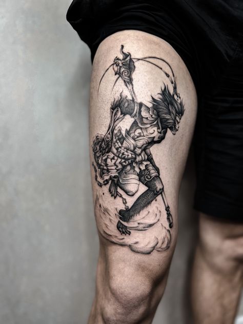 Тату на ноге Black Myth Wukong Tattoo, Monkey King Tattoo Design, Wukong Tattoo Design, Wukong Tattoo, Monkey King Tattoo, Japanese Cloud Tattoo, Monkey Tattoo, King Tattoo, Monkey Tattoos