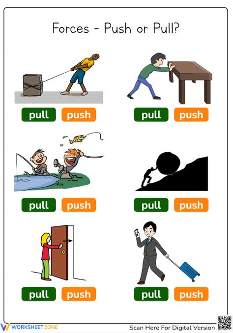 Push the boredom away and pull your interest in science with this worksheet right now! #pushandpull #pushorpull #science #worksheets #forces #push #pull #printables #kidsactivities #scienceactivities #choosing #identifying Push And Pull Science Experiments, Push And Pull Activities Kindergarten Science Experiments, Push And Pull Worksheets, Kindergarten Science Experiments, Robot Decorations, Grade 3 Science, Science Revision, Homework Worksheets, Islamic Motifs