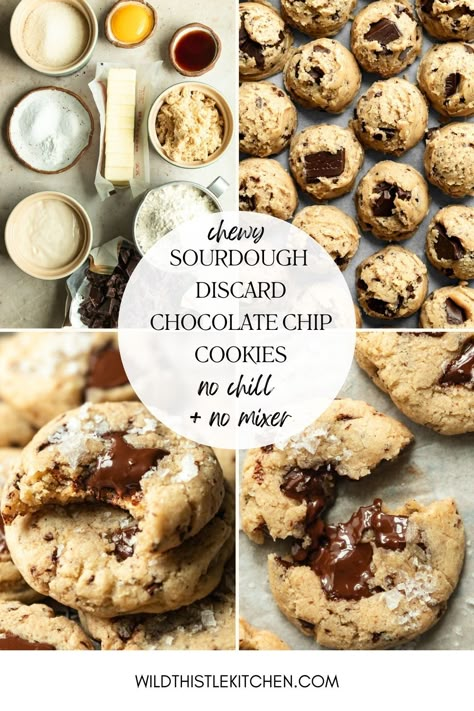 Ooey, gooey, chewy, buttery, and so irresistible, these Sourdough Discard Chocolate Chip Cookies will become your new favorite way to use sourdough discard! My easy, no-mixer, no-chill recipe combines the perfect ratio of ingredients to ensure a soft, chewy cookie (no cakey cookies here!) with plenty of melty chocolate puddles. #sourdoughdiscardrecipes #sourdoughdiscardchocolatechipcookies #sourdoughdiscardcookies Sourdough Discard Chocolate Chip Oatmeal Cookies, Easy Sourdough Discard Chocolate Chip Cookies, Best Sourdough Chocolate Chip Cookies, Sourdough Discard Cookies Chocolate Chip, Sourdough Discard Cookies Healthy, Chocolate Chip Discard Cookies, Easy Sourdough Chocolate Chip Cookies, Discard Cookies Recipes, Sourdough Discard Cookies Easy