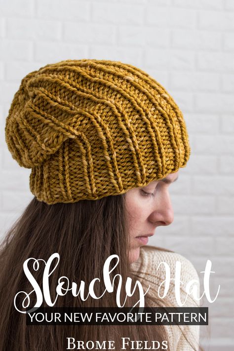 model wearing a simple slouchy knitted beanie hat Knit Slouchy Hat Pattern Free Slouch Beanie, Slouch Hat Knit Pattern, Knit Slouchy Hat Pattern, Slouchy Beanie Knit Pattern, Cable Knit Hat Pattern, Slouchy Beanie Pattern, Knitted Slouch Hat, Slouch Hat Pattern, Beanie Knitting Pattern