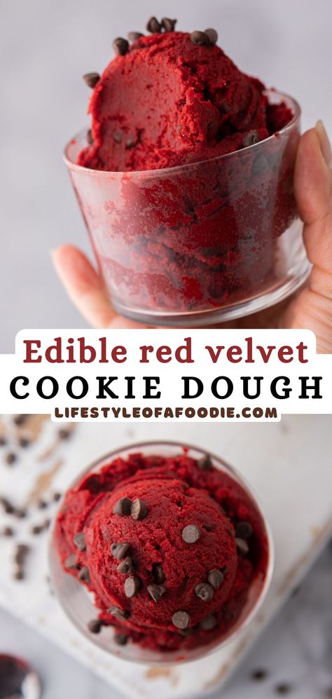 This edible red velvet cookie dough recipe is the ultimate safe-to-eat cookie dough with a classic red velvet flavor that will have you going for more! This recipe is made with white chocolate chips but feel free to mix in whatever you enjoy! Red Velvet Cookie Dough Edible, Desserts With Everyday Ingredients, Sugar Free Red Velvet Cookies, Best Homemade Dessert Recipes, Edible Red Velvet Cookie Dough, Cool Easy Desserts, Easy Desserts No Flour, Edible Cookie Dough Flavors, Edible Dough Recipes