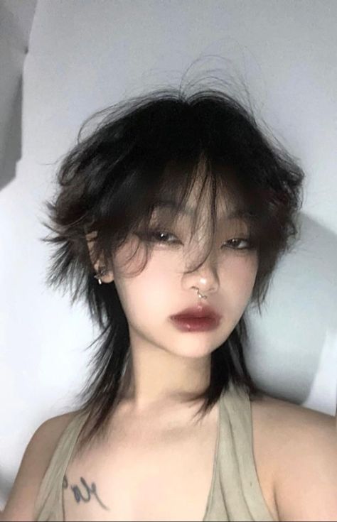 Wolfcut Hair Reference, Shag Haircut Asian, Masculine Female Haircuts, Genshin Haircut, Xiao Haircut Real Life, Asian Mullet Hairstyle Women, Very Short Wolfcut, Edgy Short Hair Styles, Anime Inspired Haircuts