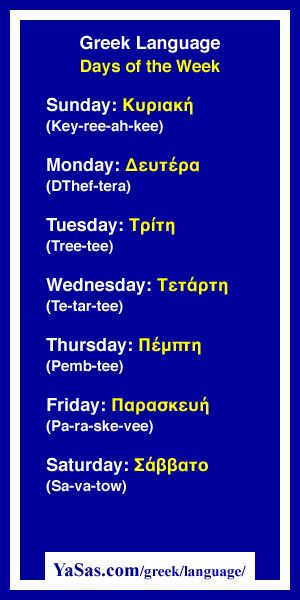 #YaSascom Learn the Greek Language Days of the Week: Sunday, Monday, Tuesday, Wednesday, Thursday, Friday, Saturday at http://yasas.com/greek/language/days-of-week/ and quiz at http://www.yasas.com/greek/language/quizzes/days-of-week/ Greek Words And Meanings, Speak Greek, Learning Greek, Greece Language, Greek Phrases, Greek Language Learning, Monday Tuesday Wednesday Thursday Friday, Learn Greek, Greek Travel