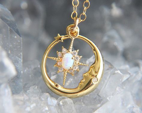 FawningInLove - Etsy Opal Moon Necklace, Moon Necklace Gold, Boho Bridal Jewelry, Greenwich Connecticut, Starburst Necklace, Gold Moon Necklace, Celestial Wedding, Gold Moon, Celestial Jewelry