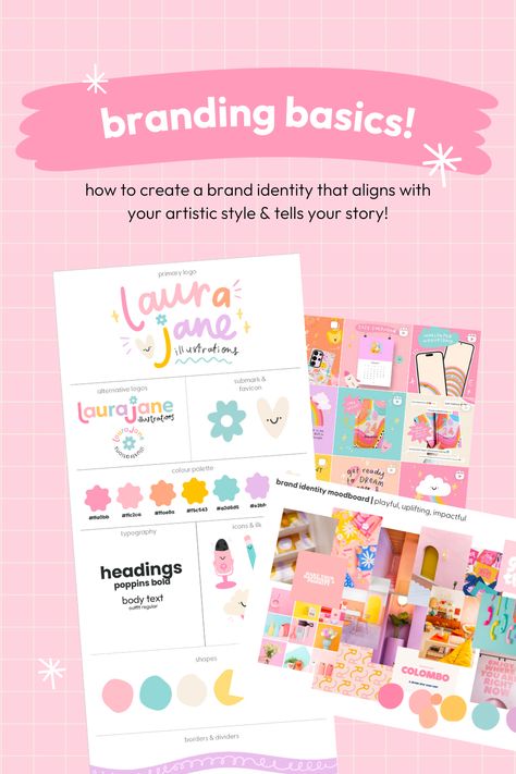 Branding Basics: How to find your Creative Brand Style Cute Branding Ideas, Girly Branding, Girly Logo Design, Girly Logo, Branding Basics, Playful Branding, Brand Guidelines Design, Brand Moodboard, Laura Jane