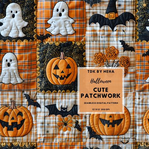 Fall Halloween Patchwork Seamless Digital Paper Fabric Print, Cute Halloween Collage Seamless Pattern Repeat Sublimation Design Wallpaper Patchwork Crafts, Halloween Patchwork, Halloween Collage, Faux Embroidery, Statement Wallpaper, Halloween Quilts, Paper Fabric, Quilt Design, Pattern Repeat