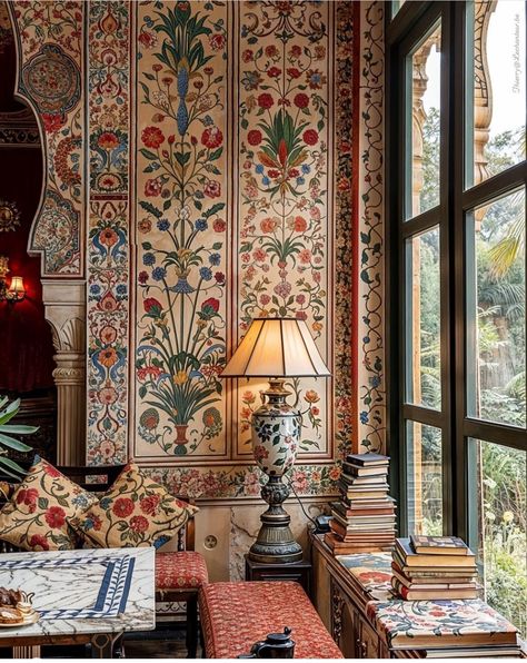 Image tagged with boho wallpaper, stacked books, great place to read – @ginger-by-the-sea on Tumblr Eclectic Chic, Stacked Books, Sunday Scaries, Boho Wallpaper, Walk In Wardrobe, Hotel Suites, Stack Of Books, Interior Architecture Design, Great Rooms