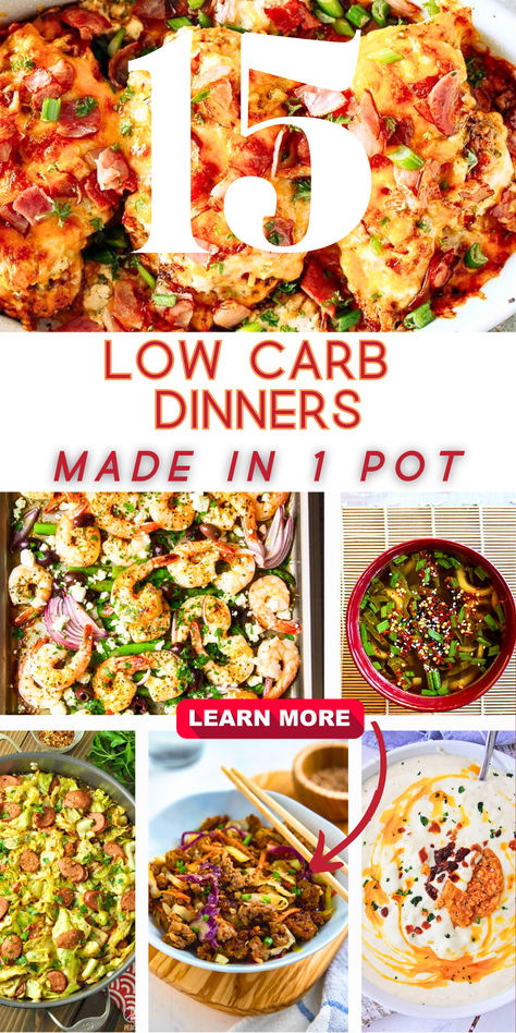 6 photos of low card one pot dishes in a collage with a big number 15. Instapot One Pot Meals Healthy, Healthy Dump Dinners Instant Pot, 1 Pot Healthy Meals, Healthy 1 Pot Meals, One Pot Dinners Easy Healthy, One Pot Healthy Recipes, One Pot Meal Prep Healthy, Healthy One Pot Meals Low Carb, One Pot Recipe Ideas Healthy