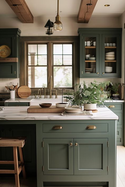 Kitchen Inspirations Green, Green Eclectic Kitchen, Green Cabinetry Kitchen, Dark Green Kitchen Cabinets With White Countertops, Cabinets Color Ideas Kitchen, Matt Green Kitchen, Green Kitchen Colors, Green And Gray Kitchen, Dark Green Kitchen Island