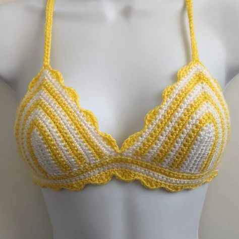 Yellow and white striped crochet bikini with straps 💛🤍 Perfect for summer Size small, for more details, check link in bio DM for a customised order (different colour or size) Click in bio for more details Click link in bio to purchase #crochet #bikini #yellow #white #knitting #crochetdesigns #fashion #design #patterns #jem_crochets Summer Autumn Outfit, Crochet Wear, Fashion Design Patterns, Wear Crop Top, Yarn Sizes, Summer Crochet, Design Patterns, Cup Size, Crochet Designs