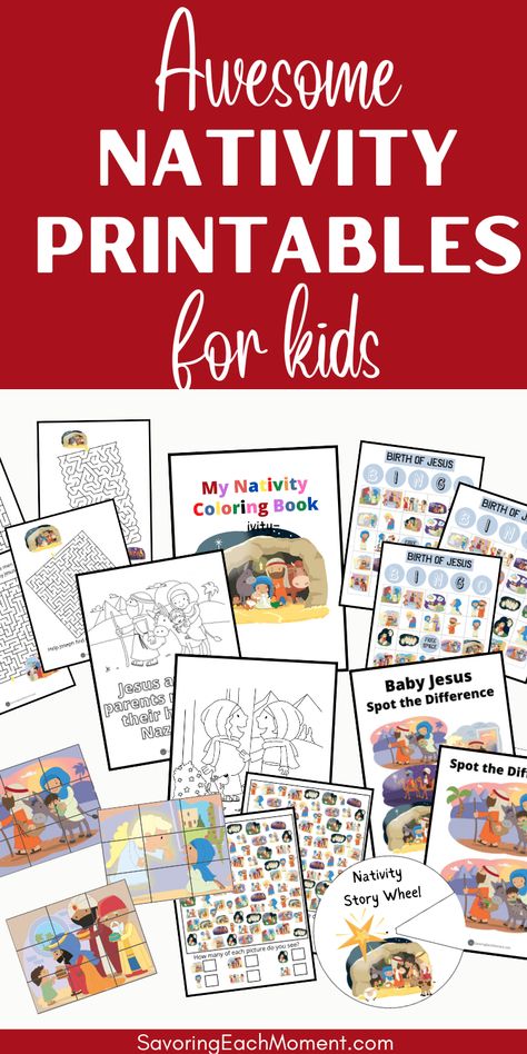 Keep your young kids busy and learning with these super fun nativity printables. Includes bingo, coloring, mazes, puzzles, I spy, story wheel craft, and spot the difference pictures. Nativity Free Printable, Nativity Printables For Kids, Nativity Printables, Nativity Activity, Nativity Christmas Cards, Jesus Coloring Pages, Ward Christmas Party, Story Of Jesus, Jesus Birth