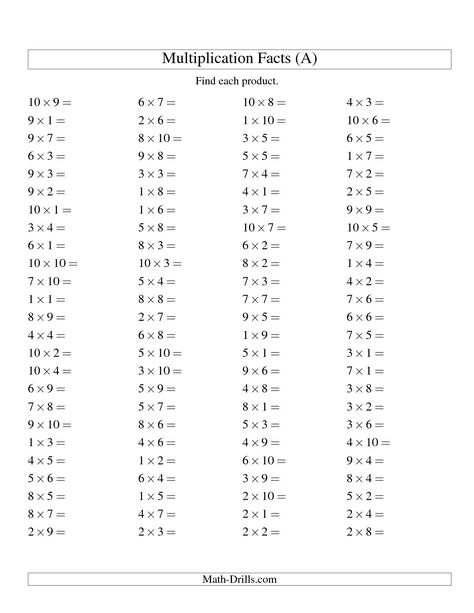 The 100 Horizontal Questions -- Multiplication Facts to 100 (A) Multiplication Worksheet 10th Grade Math Worksheets, Math Third Grade, Multiplication Practice Worksheets, Basic Math Worksheets, Free Multiplication Worksheets, Multiplication Facts Worksheets, Math Division Worksheets, Math Facts Addition, Basic Multiplication