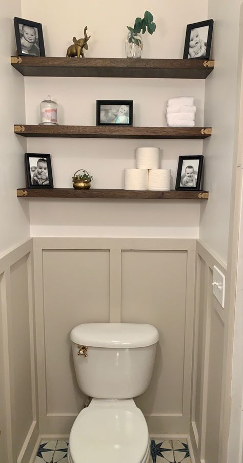 Bathroom Toilet Nook Ideas, Shelves In Toilet Room, Powder Bath Shelves, Toilet Room Ideas Panelling, Farmhouse Downstairs Toilet, Water Room Bathroom Decor, Shelves In Half Bath, Powder Bathroom Shelves, Small Powder Room Makeover Ideas