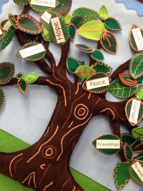 School Education Display! Tree of Values! #Embroidery #sewingclub School Values Display Ideas, Curriculum Display, British Values Display, Kindness Tree, School Lobby, School Values, Display Boards For School, Bulletin Board Tree, Class Tree