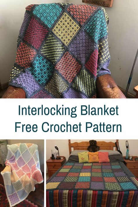 Simple Interlocking Crochet Blanket Pattern With Two Unique Sides - Knit And Crochet Daily Interlocking Crochet Stitches, Interlock Crochet Patterns, Crochet Interlocking Pattern, Mosaic Crochet Squares, Interlocking Crochet Patterns Free, Interlocking Crochet, Afghan Crochet Patterns Easy, Crochet Mosaic, Tunisian Crochet Stitches