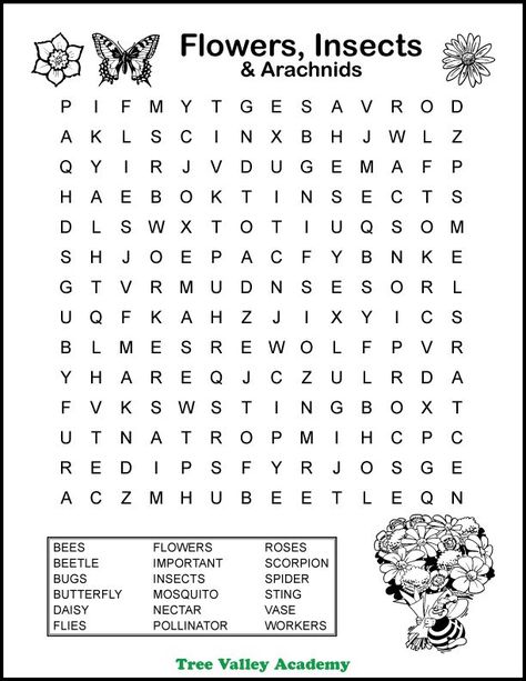 Free printable flowers, insects & arachnids themed word search puzzle for kids around a 4th grade spelling level. 18 hidden words for kids to circle and find. Pdf includes answer sheet.  #wordsearch #grade4 Find Words In Picture, Grade 4 Activities Free Printable, 3rd Grade Word Search, Kids Puzzles Printable, 4th Grade Worksheets Free Printables, May Word Search, Free Printable Flowers, Science Word Search, Word Search Free Printable