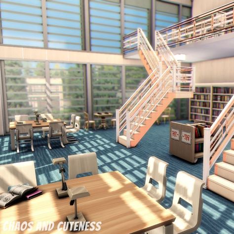 I love libraries with lots of natural light, so that's exactly what I included in my high school build. Click to check out the speed build! #sims #thesims #thesims4 #sims4 #thesims4highschoolyears #sims4highschool #sims4highschoolbuild #sims4highschoolpack #sims4library #highschool #sims4highschoollot #highschoolinterior #sims4highschoolyears #sims4highschoolbuilding #sims4speedbuild #sims4speedbuildvideo #thesims4speedbuild #sims4building #sims4build #thesims4build #sims4builds High School Build Sims 4, Sims 4 School Building Layout, Sims 4 Newcrest Library, Highschool Design Building, Sims 4 University Dorm Builds, Sims 4 Realistic High School, Sims 4 High School Cc Build, Sims 4 High School Floor Plan, Sims School Building