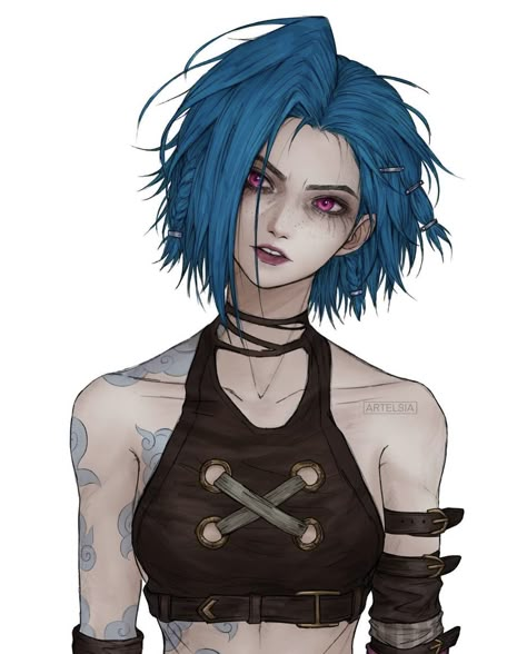 Arcane Jinx Drawing, Jinx Arcane Hair, Jinx Braids, Jinx Short Hair, Jinx Hair, Arcane Sketch, Jinx Arcane Icons, Cyberpunk Hairstyles, Cyberpunk Hair