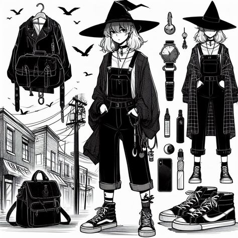 Pagan Outfits Witches, Urban Fantasy Outfit, Wiccan Outfits, Witch Outfit Drawing, Witch Ocs, Urban Witch, Witch Clothes, Oc Design, Fashion 90s