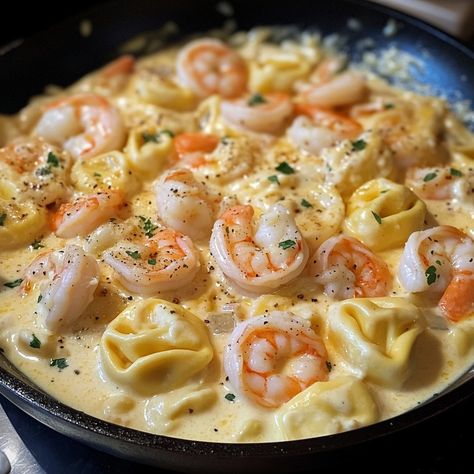 Cheesy Shrimp Tortellini Alfredo Skillet Creamy Shrimp Tortellini Alfredo, Shrimp Tortellini Soup, Shrimp And Ricotta Recipes, Creamy Shrimp Tortellini Recipes, Shrimp And Tortellini Recipes Simple, Shrimp Scampi Tortellini, Easy Shrimp Tortellini Recipes, Shrimp Tortellini With Garlic Sauce, Cheesy Shrimp Tortellini Alfredo Skillet