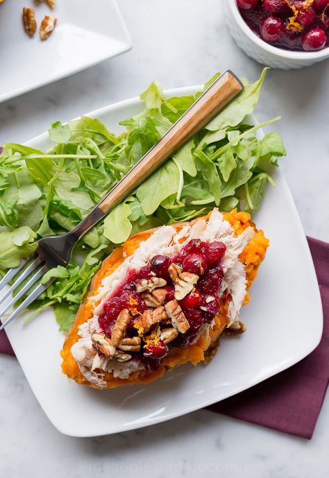 Roast Turkey and Cranberry Stuffed Sweet Potatoes http://www.pineappleandcoconut.com Turkey And Cranberry, Turkey Curry, Stuffed Sweet Potato, Leftover Cranberry Sauce, Stuffed Sweet Potatoes, Bruschetta Ingredients, Top Chicken Recipes, Stuffed Sweet Potato Healthy, Roast Turkey