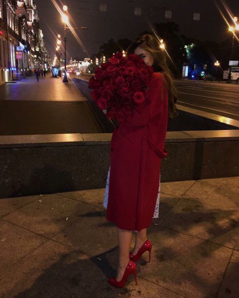 Red Dress, A Woman, Flowers, Red