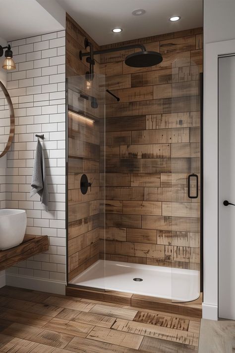 21 Inspiring Shower Tile Combinations - Remodr Bathroom Wood Like Tiles, Country Tile Shower Ideas, Master Bath Design Ideas Farmhouse, Wood Look Shower Tile Ideas, Wood Look Tile Floor Bathroom, Tiled Showers Walk In, Farmhouse Shower Ideas, Wood Tile Shower Ideas, Barndo Interior