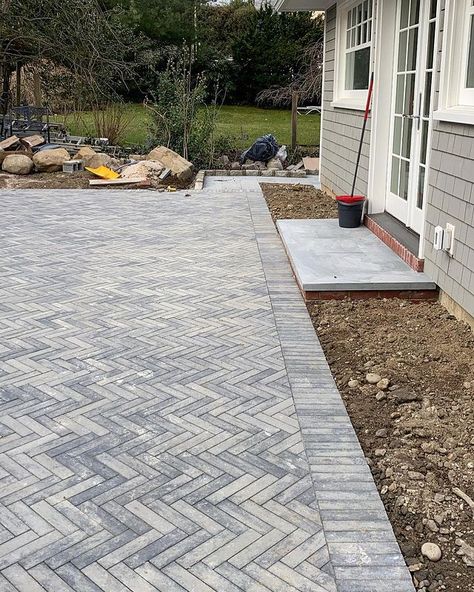 Chevron Pavers Patio, Herringbone Sidewalk, Herringbone Patio, Boho Exterior, Backyard Redesign, Pavers Patio, Hardscape Backyard, Cambridge Pavers, Driveway Ideas