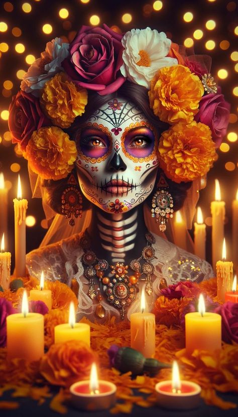 iPhone Wallpaper Sugar Skull Wallpaper, Halloween Makeup Sugar Skull, Skull Face Paint, Mexican Culture Art, All Souls Day, Sugar Skull Tattoos, Sugar Skull Makeup, Colorful Skulls, Sugar Skull Art