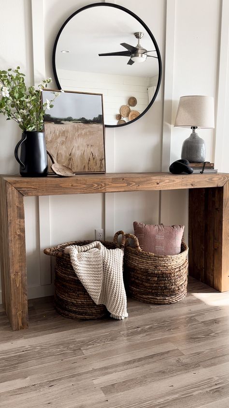 DIY entry table styled Boho Farmhouse Entryway Table, Front Door Tables Entryway, This Entry Way Table, Entrance Way Console Table, Chair And Console Table, Simple Wood Console Table, Rustic Wood Console Table Entryway, Console Table Restoration Hardware, Entry Modern Farmhouse