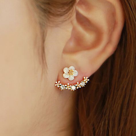 Cute Daisy Flower Crystal Ear Stud Earrings Flower Earrings Gold, Front Back Earrings, Fleur Design, Flower Ear, Ear Jacket Earring, Girl Jewelry, Ear Cuffs, Crystal Stud Earrings, Mua Sắm