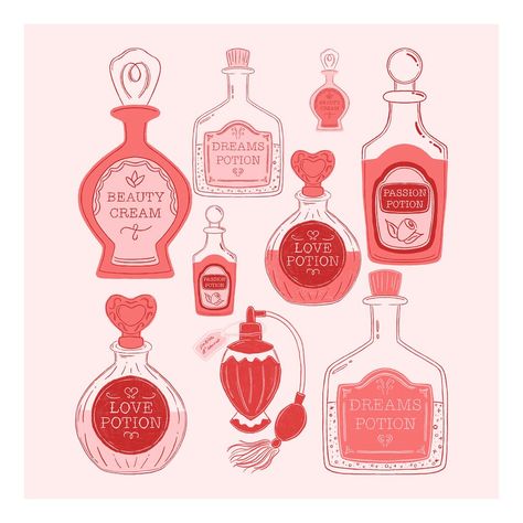 Psych Stickers, Potion Bottle Illustration, Love Potion Tattoo, Potion Illustration, Ipad Pictures, Aesthetic Digital Stickers, Valentine Aesthetic, Ipad Picture, Small Illustrations