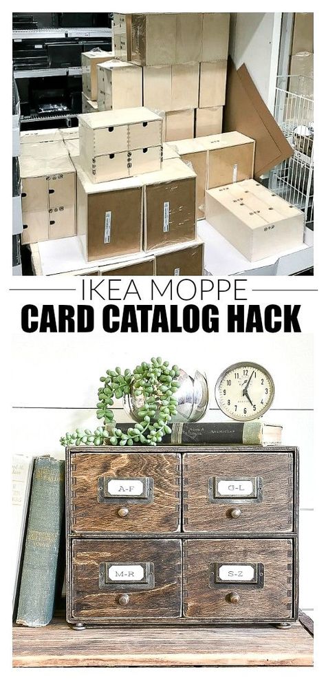 A basic IKEA Moppe storage chest gets an inexpensive makeover to resemble the look of a 4 drawer vintage card catalog. #IKEAhack #IKEAMoppe #Moppe #cardcatalog #Vintage #IKEA Ikea Moppe, 1950s Decor, Vintage Ikea, Diy Hanging Shelves, Card Catalog, Closet Organization Diy, Diy Wall Shelves, Diy Ikea Hacks, Diy Ikea