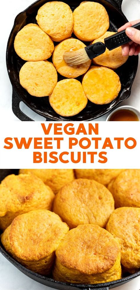 Soft, sweet and buttery homemade, these vegan sweet potato biscuits make a delicious side to any meal! They are quick and easy to make and perfectly tall, flaky and tender. Comfort food at it's best! #veganbiscuits #biscuits #veganrecipes #vegan #recipe #sides #biscuits #baking Sweet Potato Flour Recipes Baking, Sweet Potato Puree Recipes Healthy, Vegan Sweet Potato Recipes Breakfast, Alkaline Sweet Potato Recipes, Vegan Sweet Potato Biscuits, Plant Based Sweet Potato Recipes, Sweet Potato Flour Recipes, Sweet Potato Recipes Vegan, Vegan Syrup