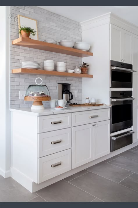 Backsplash No Upper Cabinets, Shelves With Wallpaper, White Subway Tile Kitchen Backsplash, Ideas For Floating Shelves, Subway Tile Kitchen Backsplash, White Subway Tiles Kitchen Backsplash, White Subway Tile Kitchen, No Upper Cabinets, Kitchen Cabinet Interior