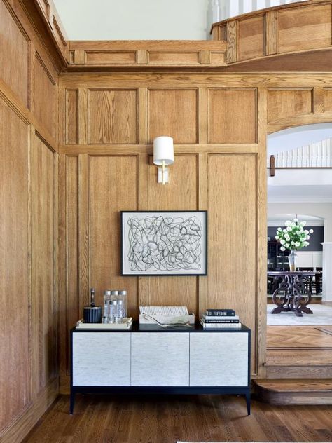 Judges Paneling, Gray Console Table, Wooden Panelling, Wall Panel Design, Wooden Wall Panels, Transitional Living Rooms, Up House, Wooden Wall Decor, Wood Panel Walls