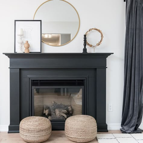 Black Trim Fireplace, Paint Mantle Black, Paint Fireplace Mantle Black, Black Traditional Fireplace, Black Fireplace Mantel Paint, Paint Black Fireplace, Living Room Black Fireplace Ideas, Black Painted Mantle, Black Wood Fireplace Surround