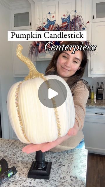 Emily McInnis (Waldo) on Instagram: "🤍 Good Luck, Babe! On this elegant Autumn centerpiece 🍂   You can find ALL the supplies at @burlapandblingdecor:   (1) ivory pumpkin (I have the tall one here) (1) roll of pumpkin 5/8” ribbon (2) curly gold sprays (2) autumn berry bushes (2) gold cedar picks  The candlestick and foam are ones that I reuse all the time! ♻️   SAVE this tutorial for some future fall inspo ✨ and let me know your thoughts below!  #falldecor #fallinspo #falldecoratingideas" Pumpkins On Candlesticks, Pumpkin Centerpieces Fall, Candlestick Pumpkin, Fall Candlesticks, 2024 Ornaments, Pumpkin Candlesticks, Candlestick Crafts, Topiary Diy, Elegant Pumpkins