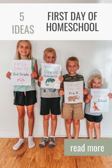 four kids standing lined up against a wall holding up their first day of school signs First Day Of Homeschool Ideas Photos, First Day Of Homeschool Interview Printable, Fun First Day Of Homeschool Ideas, First Day Of School Breakfast Printables, First Day Of Preschool Homeschool, Back To School Homeschool Pictures, Back To Homeschool Pictures, 1st Day Of School Homeschool, First Day Of Homeschool Kindergarten