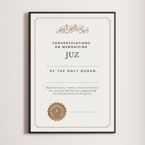 Blank Quran Juz Memorization Award Printable | Customizable Islamic Certificate | Quran Achievement Award | Quran Hifz I Digital Download by EveryMuslim on Etsy Islamic Certificate, Quran Memorization, Printable Certificates, The Quran, Certificate Templates, Holy Quran, Hard Work, Digital Download Etsy, Quran