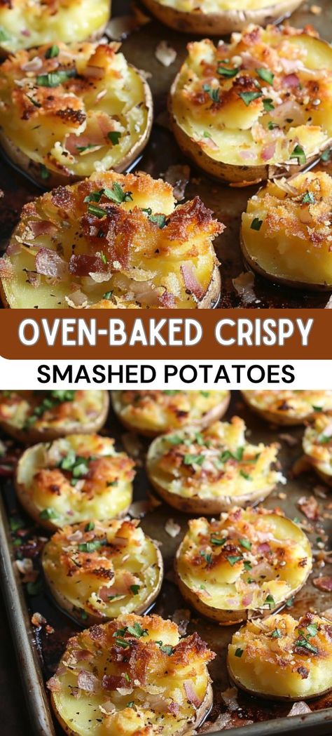 Oven-Baked Crispy Smashed Potatoes Smashed Potatoes Baked, Baby Potato Recipes, Crispy Baked Potatoes, Smashed Potatoes Recipe, Baked Steak, Roasted Baby Potatoes, Potatoes In Oven, Crispy Smashed Potatoes, Lunch Appetizers