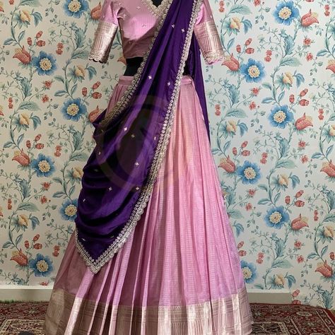 Checks Lehenga Designs, Half Saree Kanchi Pattu, Lehengas Color Combination, Pink Half Sarees Pattu, Traditional Langa Voni, Simple Half Sarees South Indian, Half Saree Lehenga Langa Voni Pattu, Old Saree Lehenga Designs, Purple Half Saree South Indian