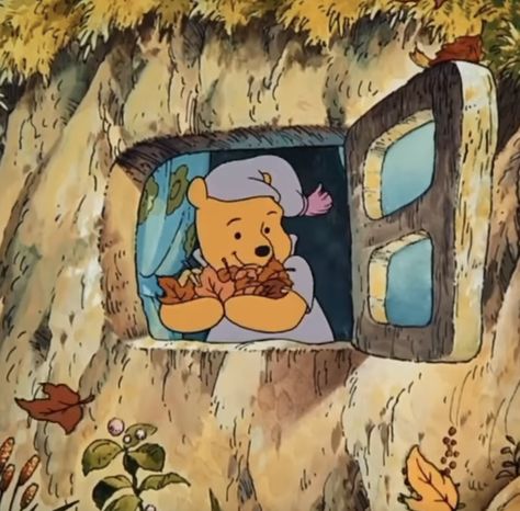 Winnie The Pooh Rainy Day, Winnie The Pooh Cottagecore, Cozy Cartoon Aesthetic, Autumn Cartoon Aesthetic, Fall Wallpaper Winnie The Pooh, Winnie The Pooh Autumn Wallpaper, Cartoon Fall Aesthetic, Eore Winnie The Pooh, Winnie The Pooh Autumn