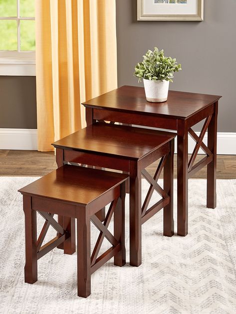 Traditional Nesting Tables: Three Tables That Store in the Space of One Side Table Set Of 3, Nesting Table Set, Side Tables For Small Spaces, Side Table With Chair, Nested Tables Living Room, Small Wooden Table Design, Stool Ideas Decor, Coffee Stools Side Tables, Nesting Stools Living Rooms